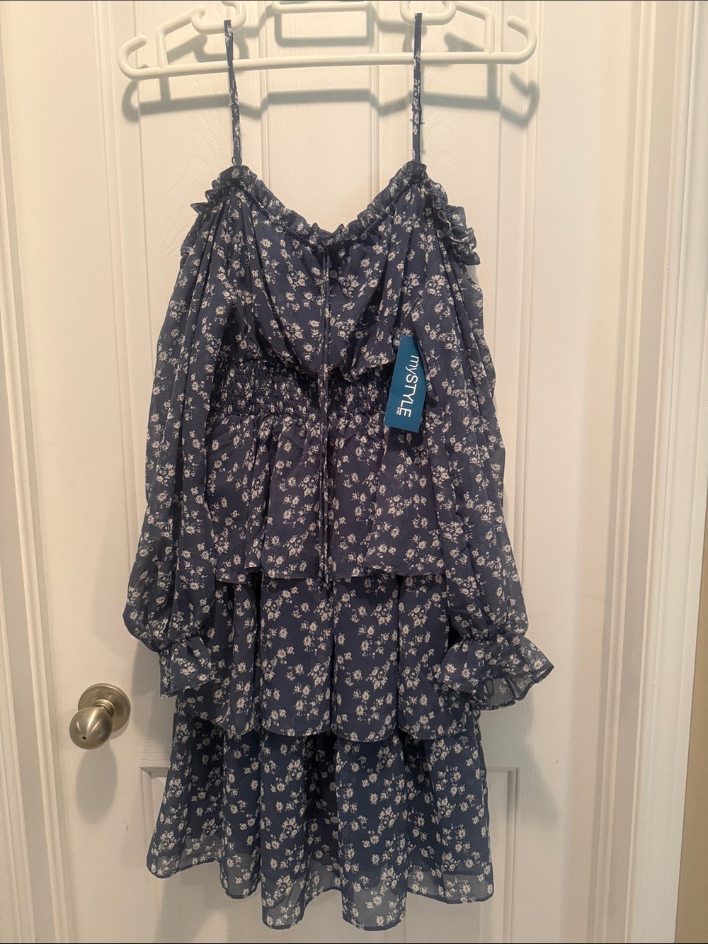 Blue Floral Tiered Sundress with Ruffled Straps and long sleeves off shoulder